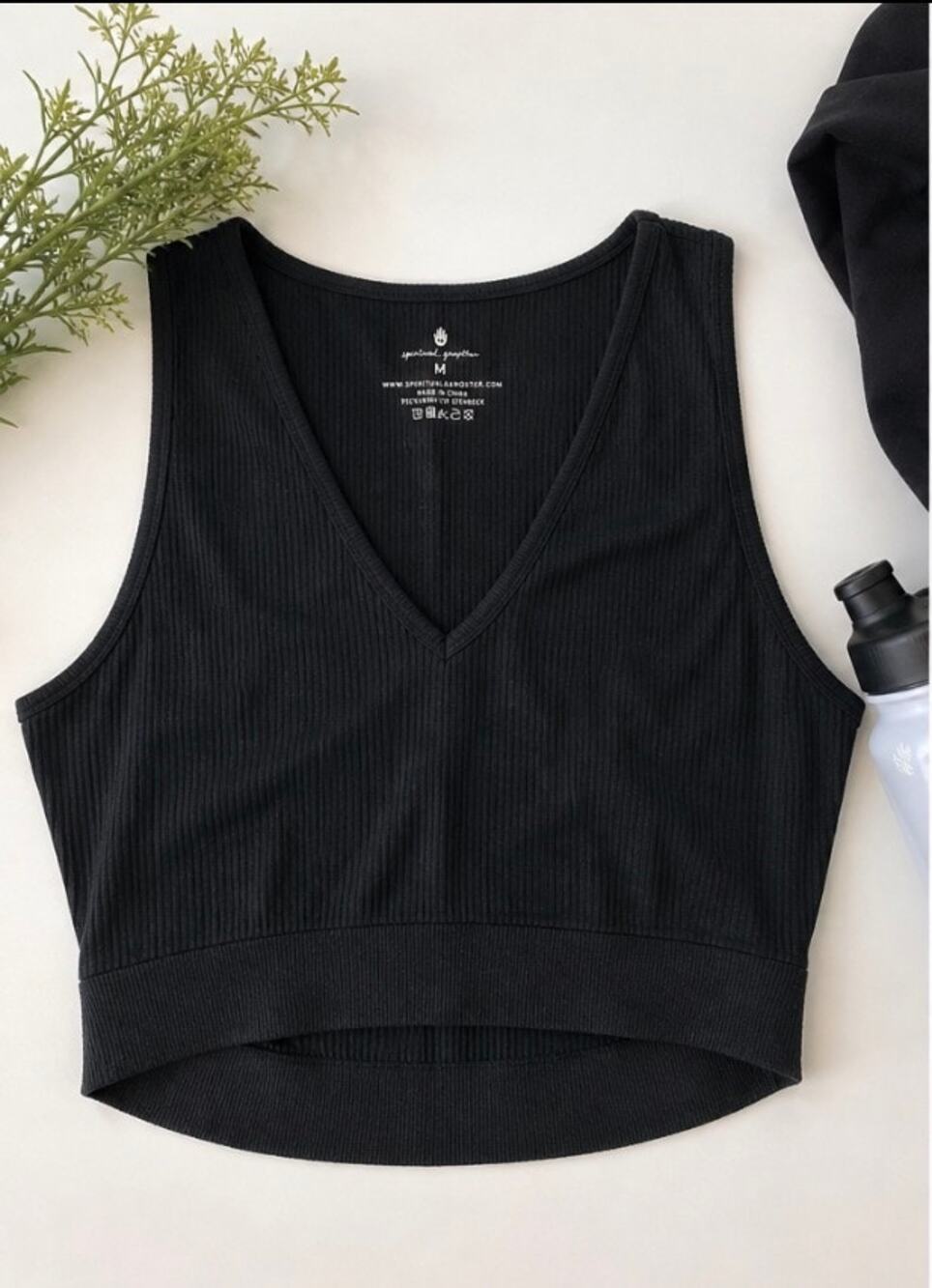 Spiritual Gangster Ribbed Crop Tank Medium Black V Neck Athleisure Yoga Top